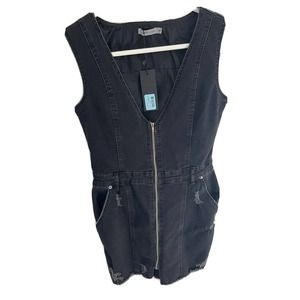 NEW! LF CARMAR Black Denim Zip Up Dress. Soft Stone Washed Ripped. Size M-Medium
